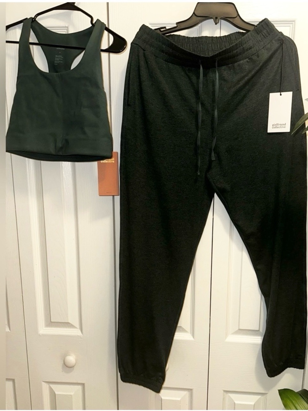 girlfriend collective Dark Green Sports Bra and Black Joggers Set
